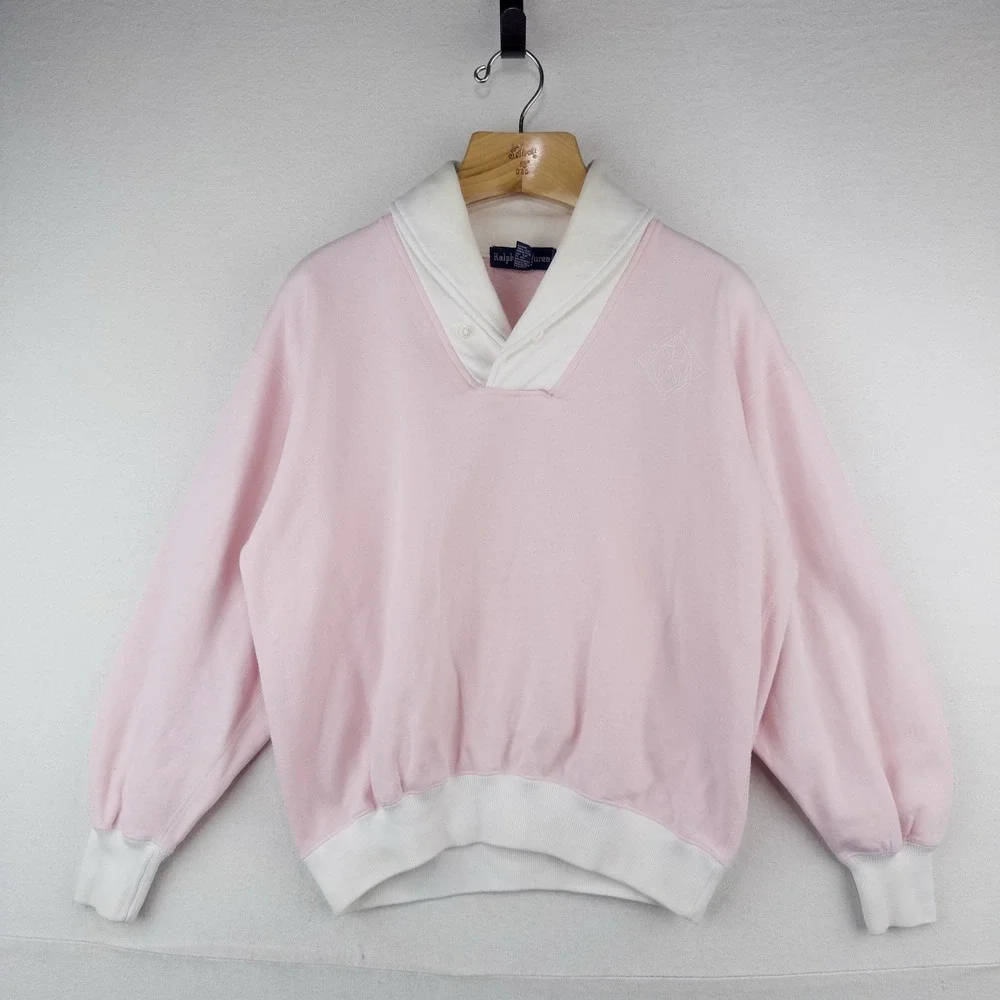 90s Ralph Lauren Womens Small Pink White Shawl Collar Fleece Pullover Sweatshirt
